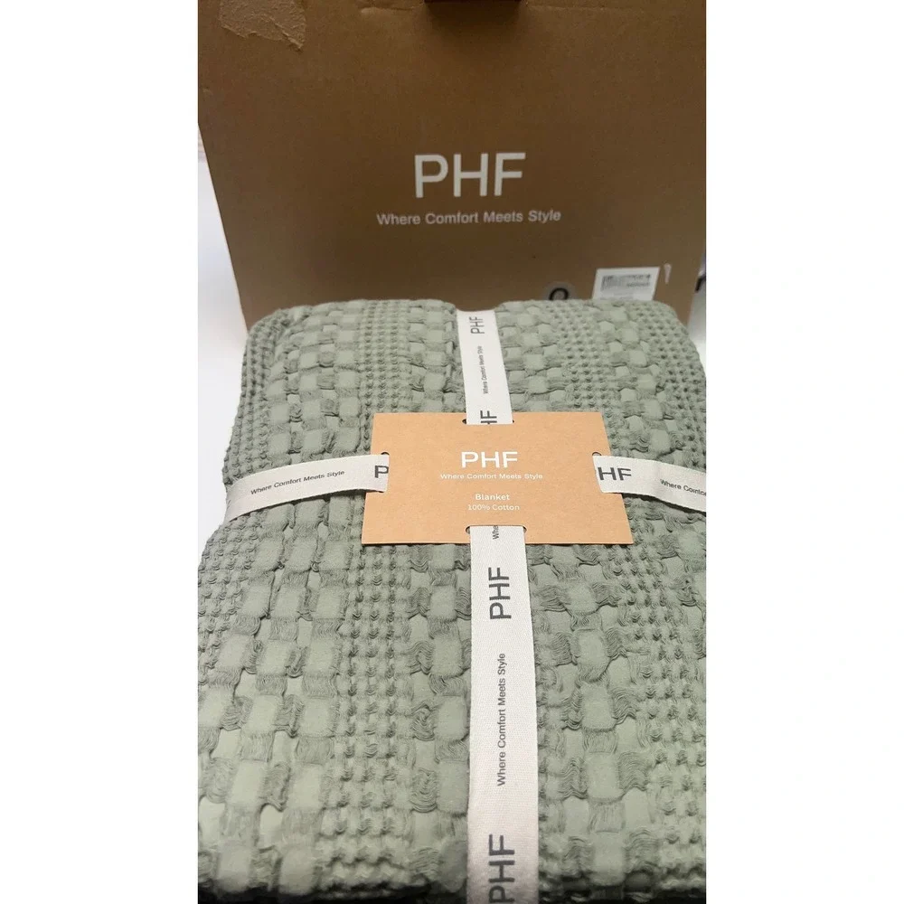 PHF Waffle Blanket Queen Dusty Sage 100% Cotton Textured Lightweight Soft New